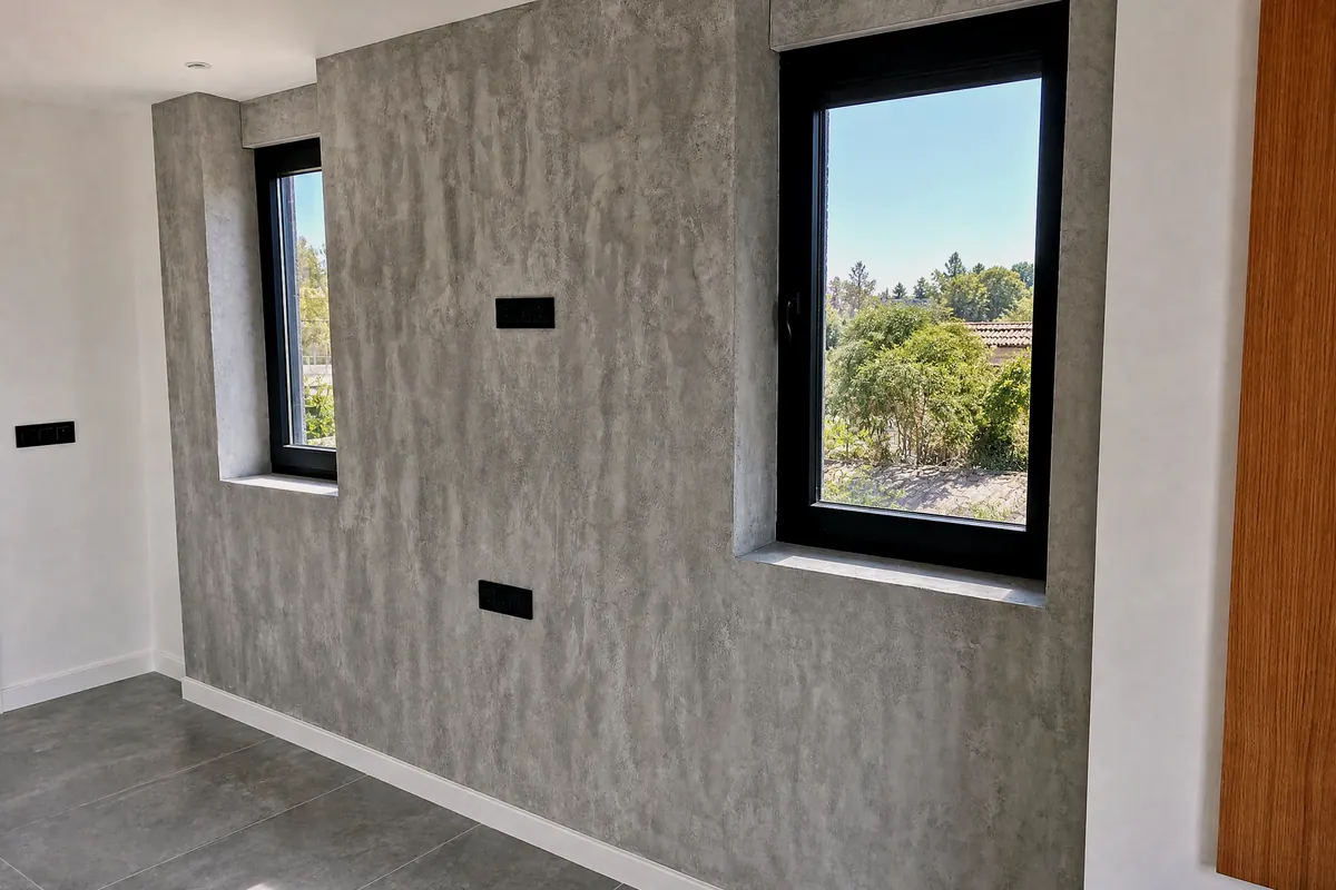 Vista lateral de la pared de MicroStone con textura de hormigón y luz natural